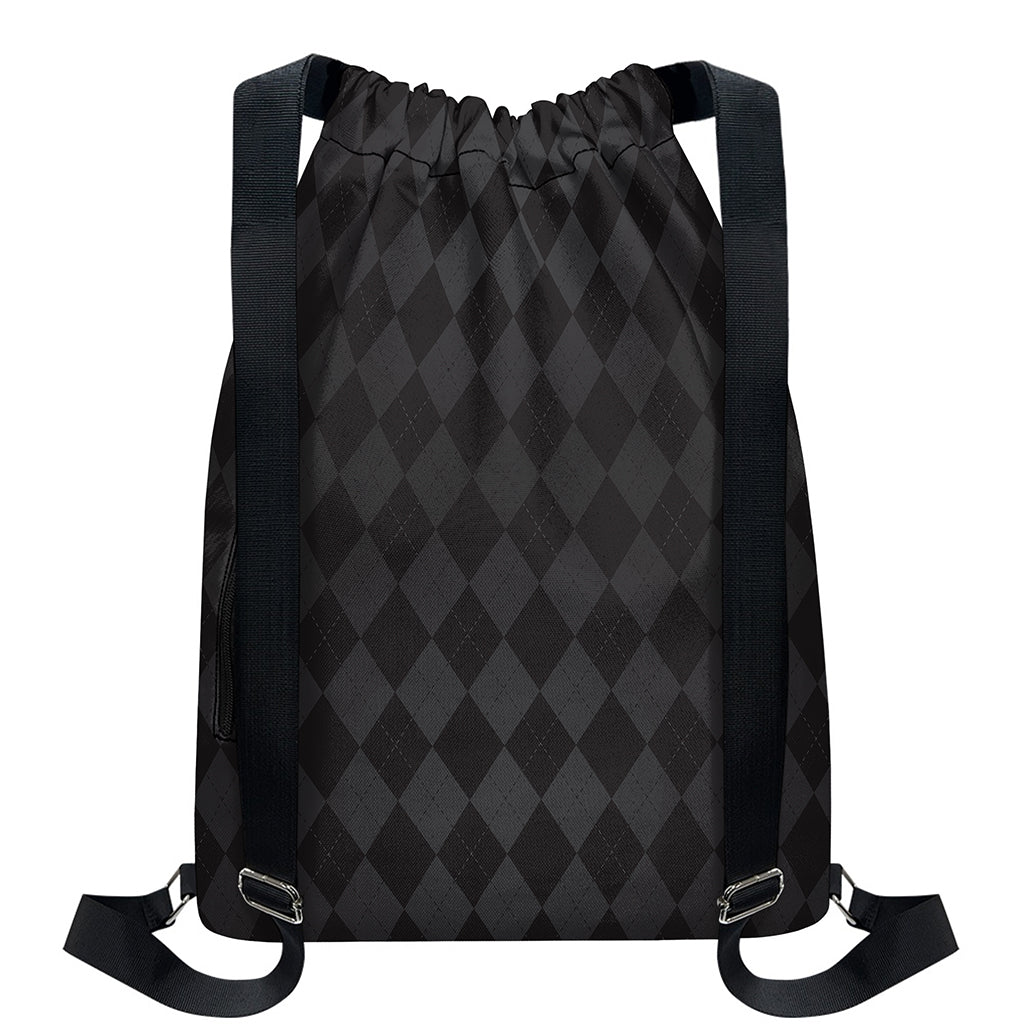 Black And Grey Argyle Pattern Print Drawstring Backpack