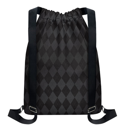 Black And Grey Argyle Pattern Print Drawstring Backpack