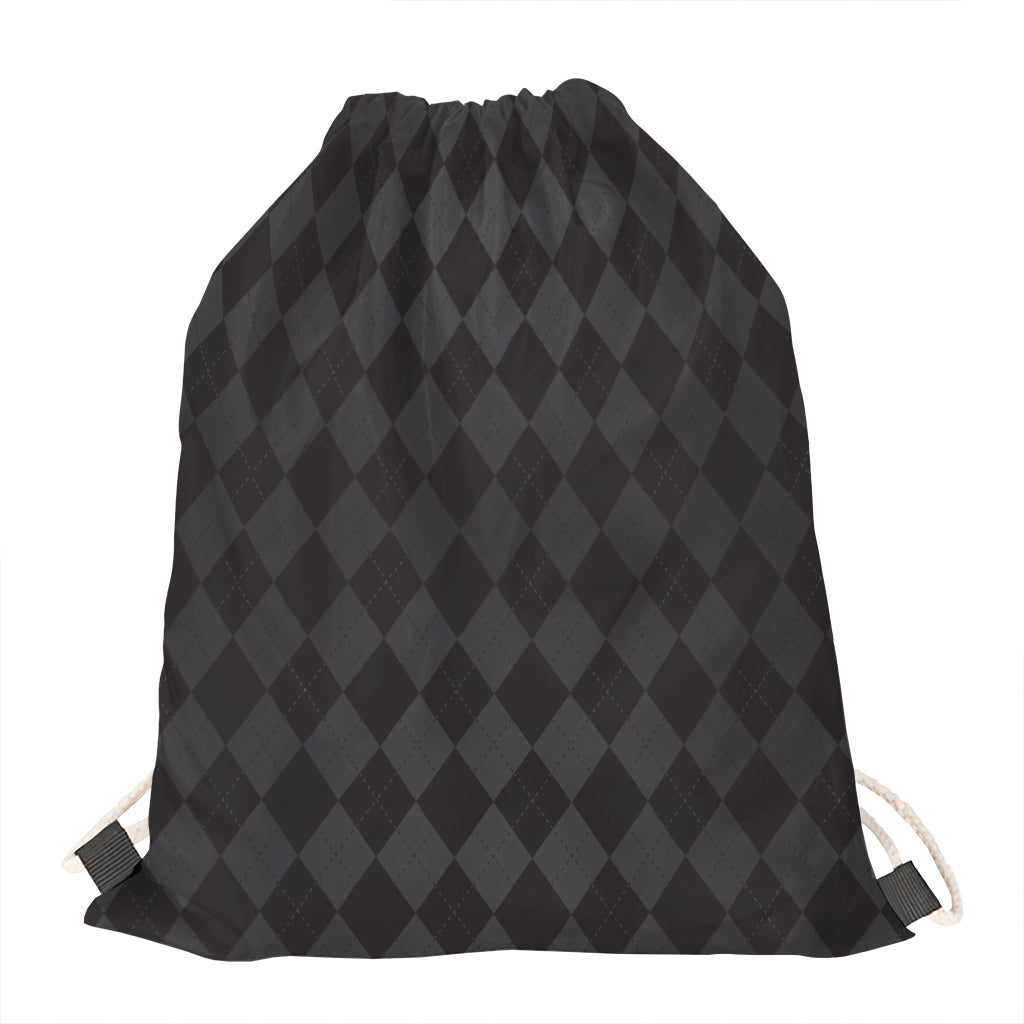 Black And Grey Argyle Pattern Print Drawstring Bag