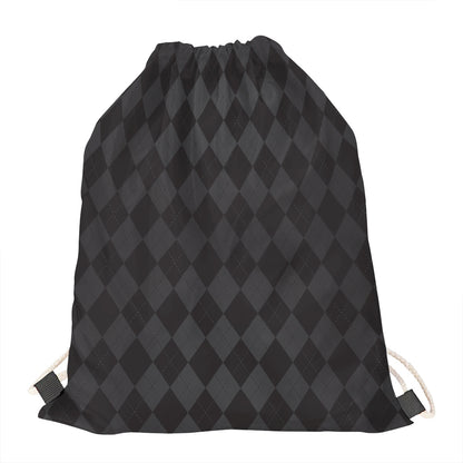 Black And Grey Argyle Pattern Print Drawstring Bag
