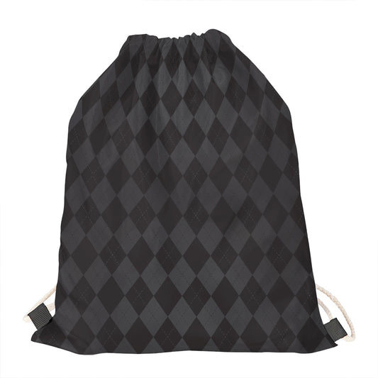 Black And Grey Argyle Pattern Print Drawstring Bag