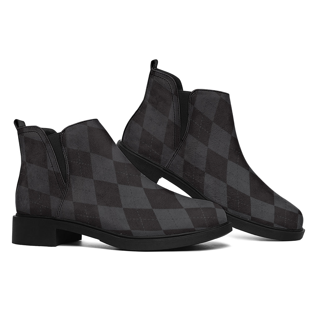 Black And Grey Argyle Pattern Print Flat Ankle Boots