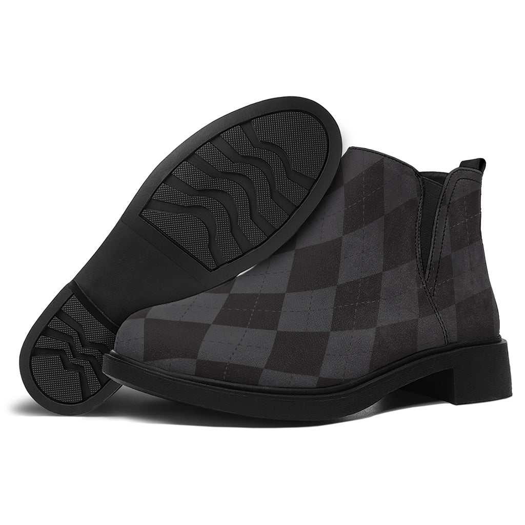 Black And Grey Argyle Pattern Print Flat Ankle Boots
