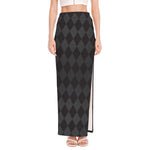 Black And Grey Argyle Pattern Print High Slit Maxi Skirt