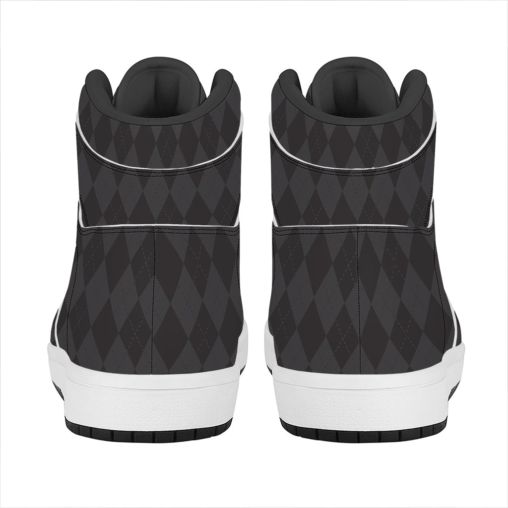 Black And Grey Argyle Pattern Print High Top Leather Sneakers