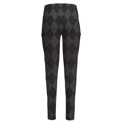 Black And Grey Argyle Pattern Print High-Waisted Pocket Leggings