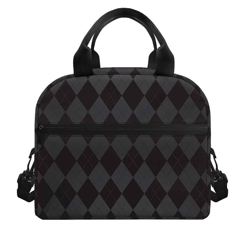 Black And Grey Argyle Pattern Print Insulated Lunch Bag
