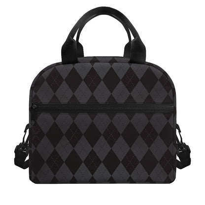 Black And Grey Argyle Pattern Print Insulated Lunch Bag