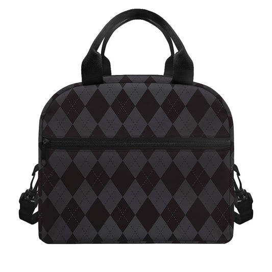 Black And Grey Argyle Pattern Print Insulated Lunch Bag