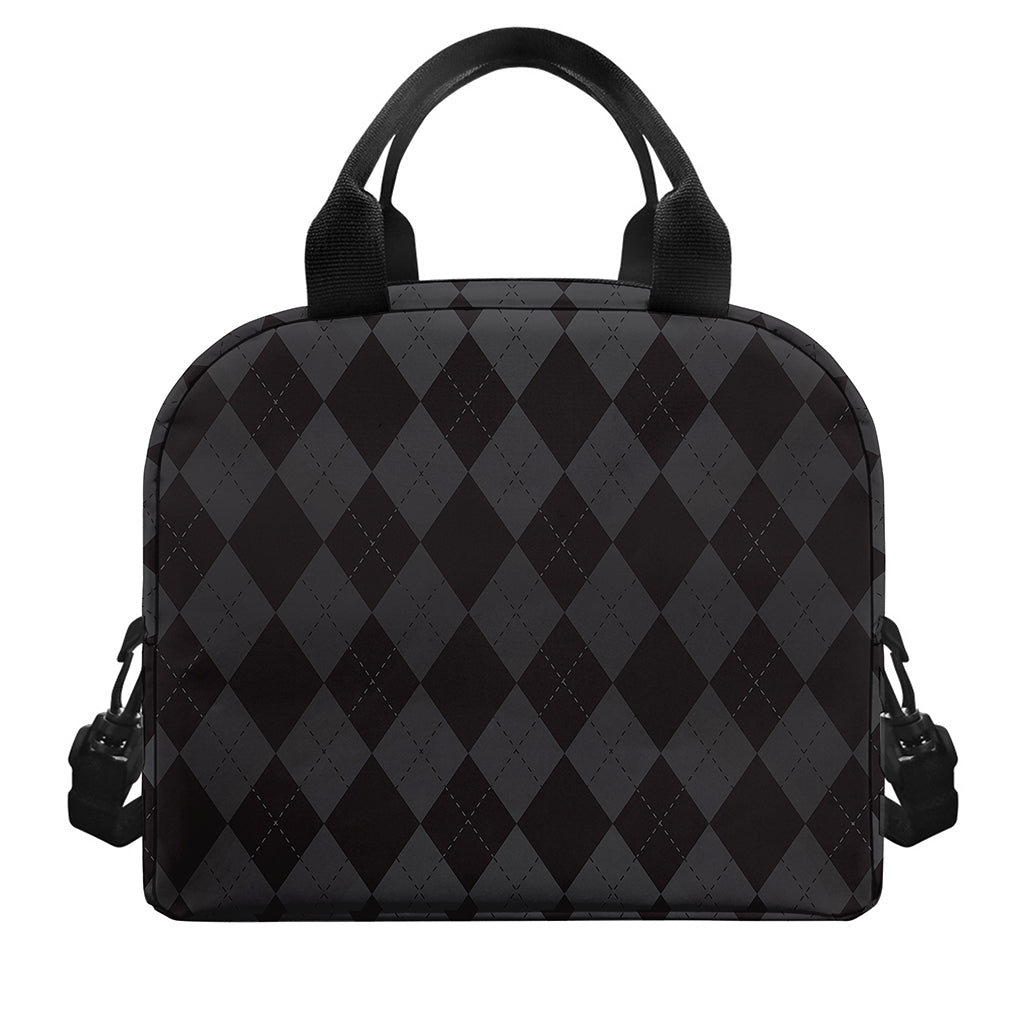 Black And Grey Argyle Pattern Print Insulated Lunch Bag