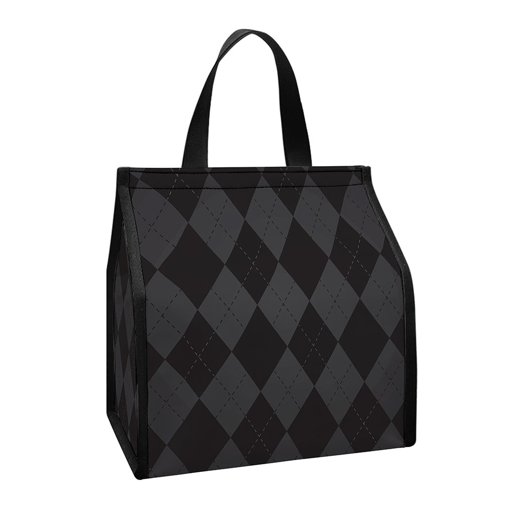 Black And Grey Argyle Pattern Print Insulated Lunch Tote