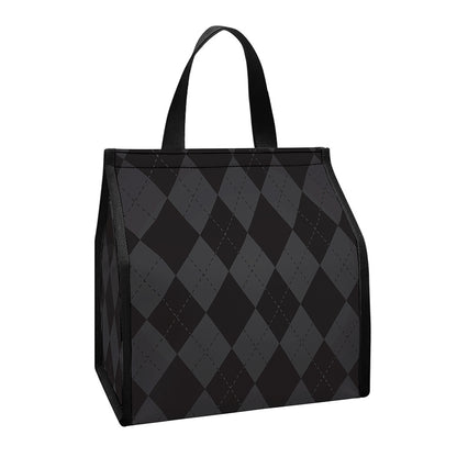 Black And Grey Argyle Pattern Print Insulated Lunch Tote
