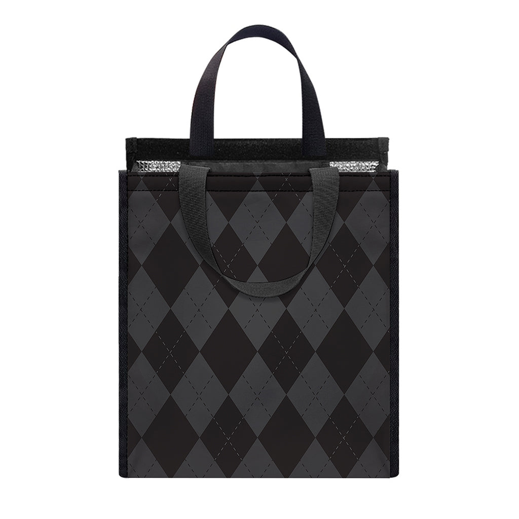 Black And Grey Argyle Pattern Print Insulated Lunch Tote