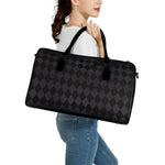 Black And Grey Argyle Pattern Print Leather Duffle Bag