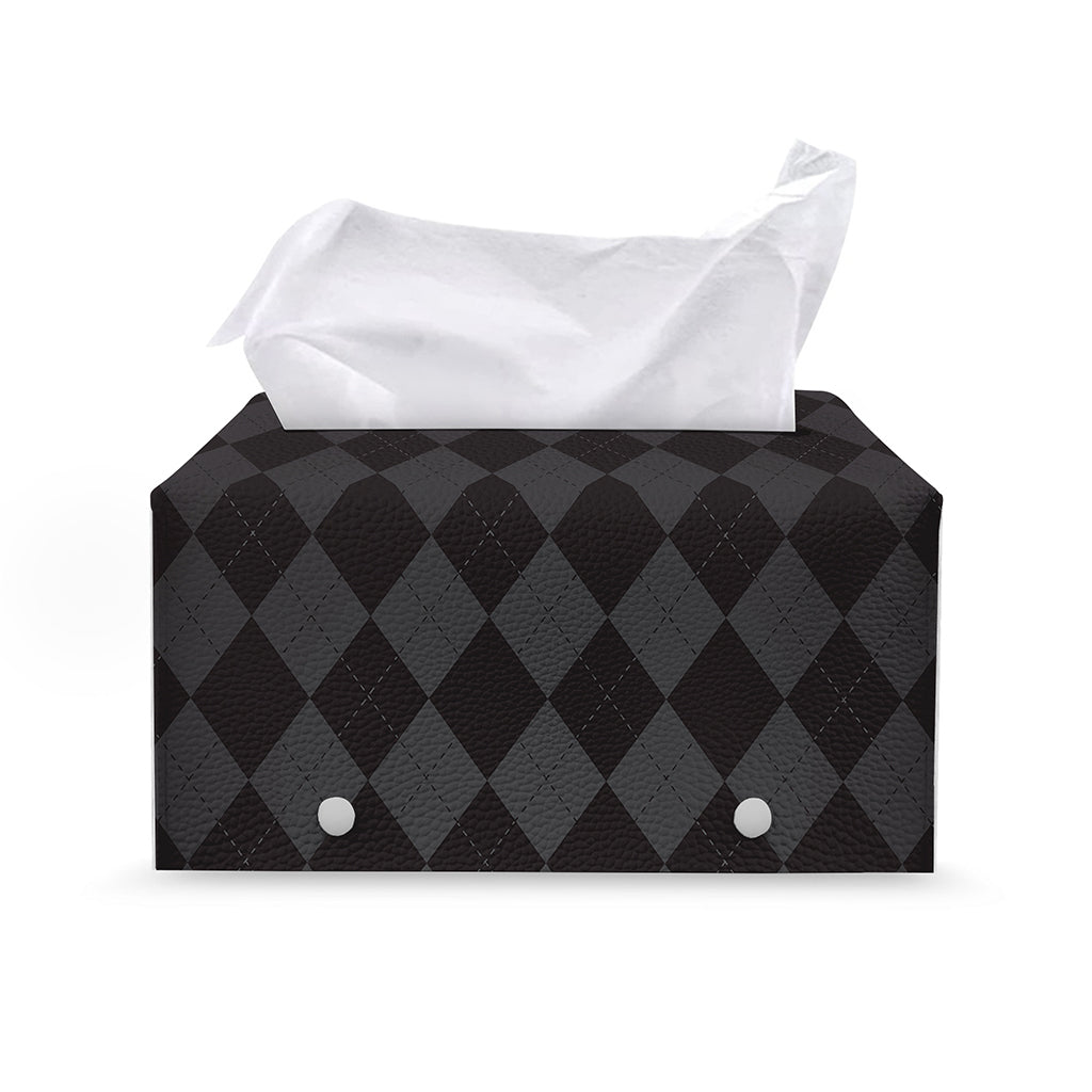 Black And Grey Argyle Pattern Print Leather Tissue Box Cover