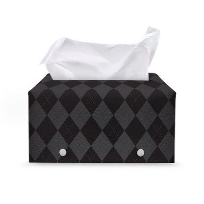 Black And Grey Argyle Pattern Print Leather Tissue Box Cover