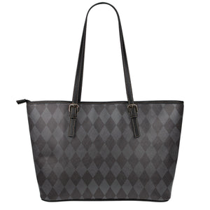 Black And Grey Argyle Pattern Print Leather Tote Bag