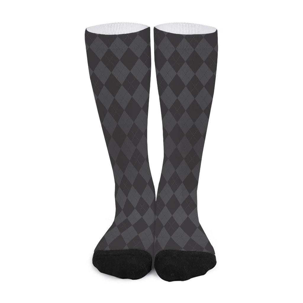 Black And Grey Argyle Pattern Print Long Socks