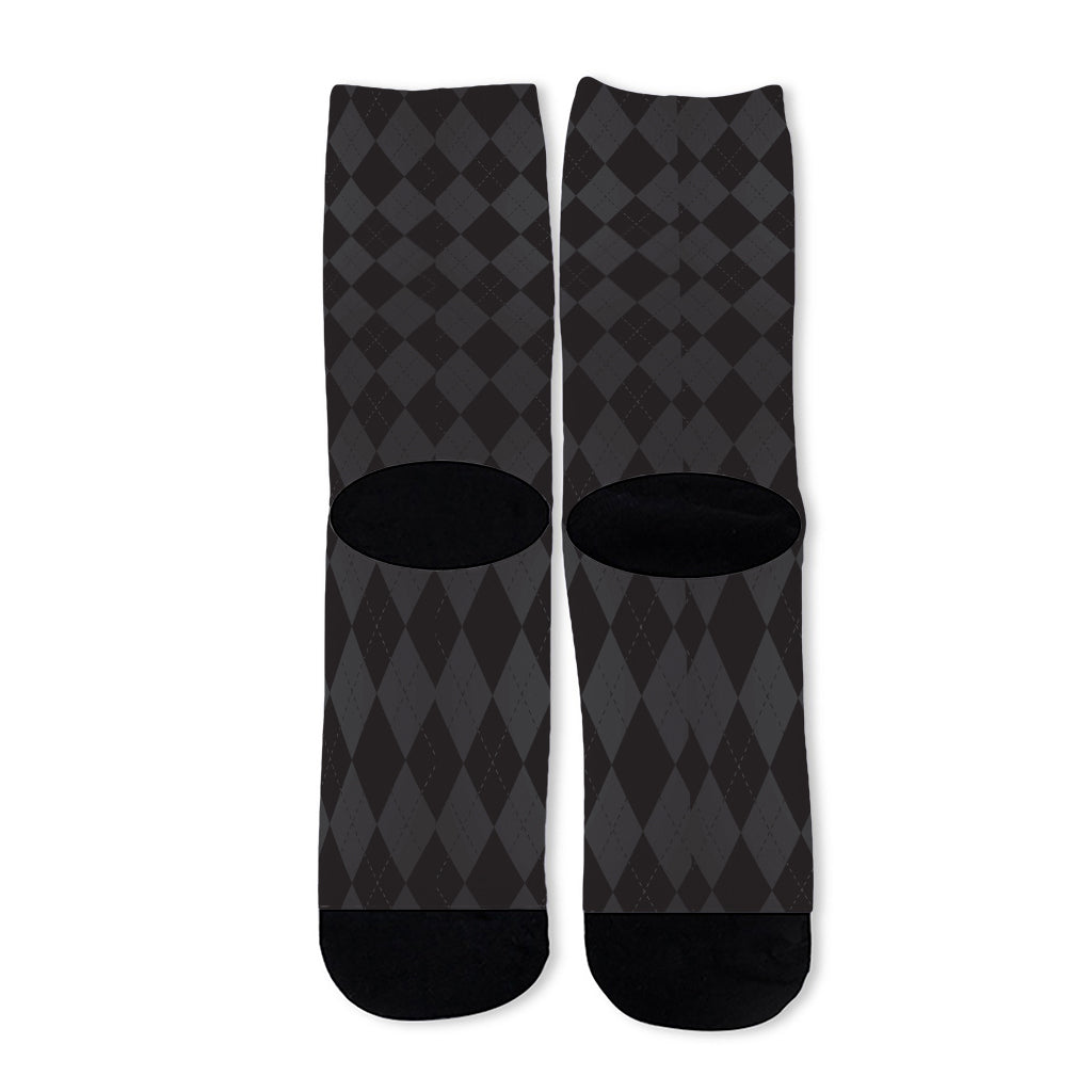 Black And Grey Argyle Pattern Print Long Socks