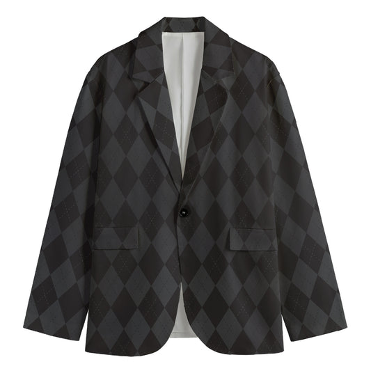 Black And Grey Argyle Pattern Print Men's Blazer