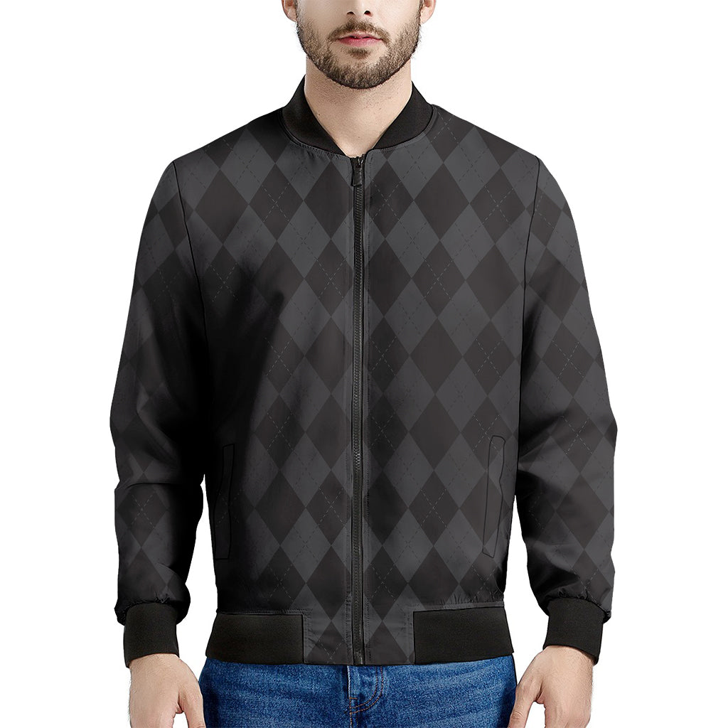 Black And Grey Argyle Pattern Print Men's Bomber Jacket
