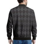 Black And Grey Argyle Pattern Print Men's Bomber Jacket