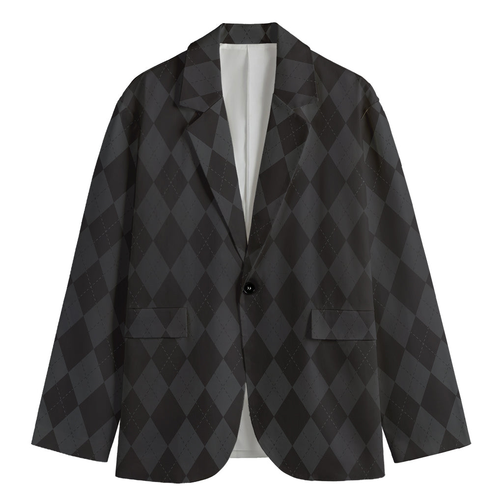 Black And Grey Argyle Pattern Print Men's Cotton Blazer