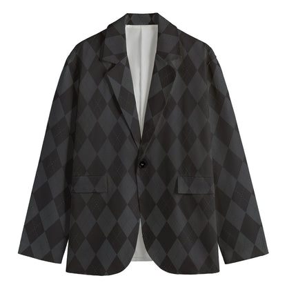 Black And Grey Argyle Pattern Print Men's Cotton Blazer