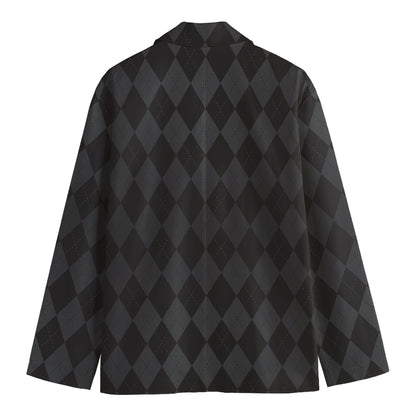 Black And Grey Argyle Pattern Print Men's Cotton Blazer
