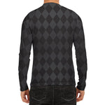 Black And Grey Argyle Pattern Print Men's Long Sleeve Rash Guard