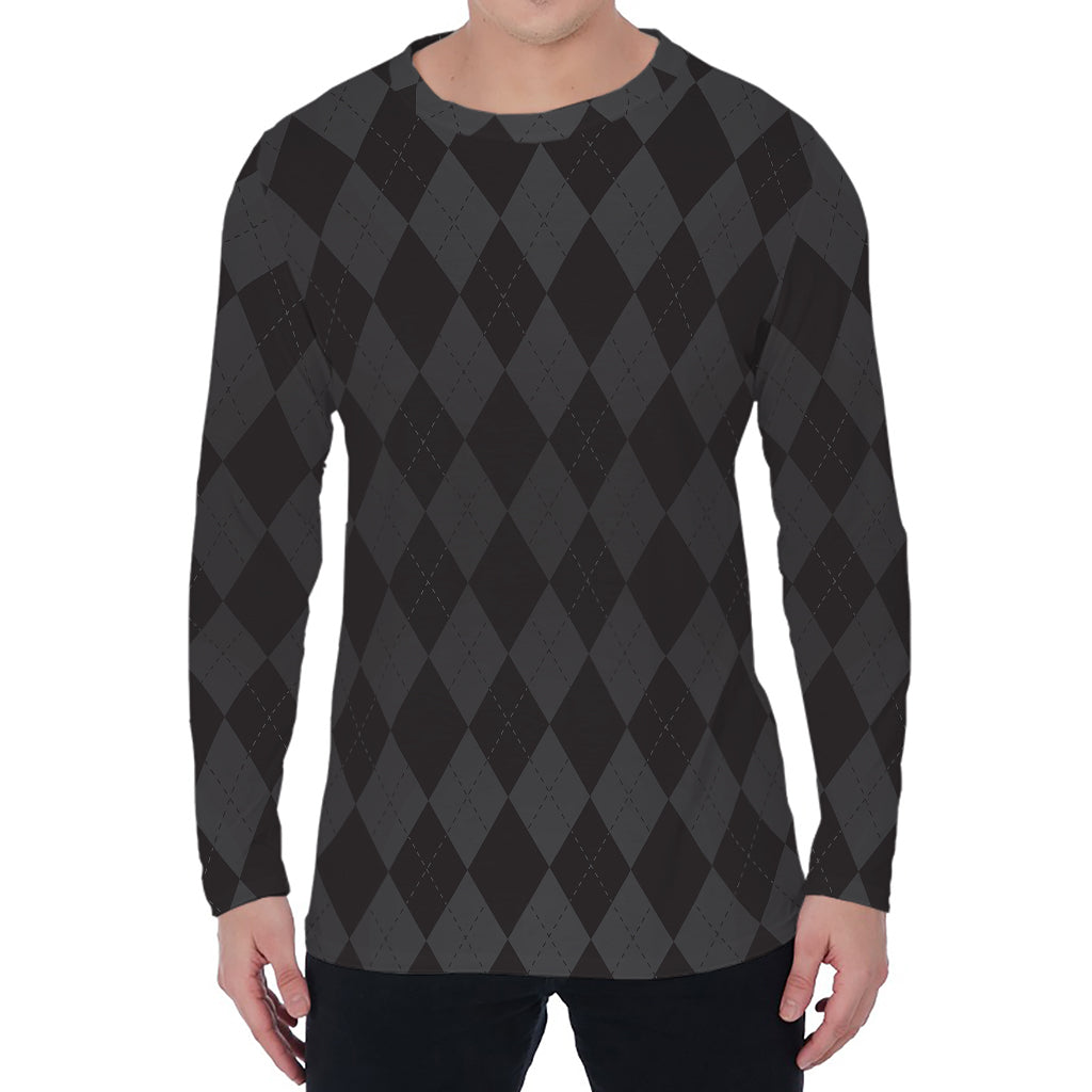 Black And Grey Argyle Pattern Print Men's Long Sleeve T-Shirt