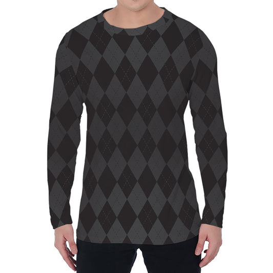Black And Grey Argyle Pattern Print Men's Long Sleeve T-Shirt