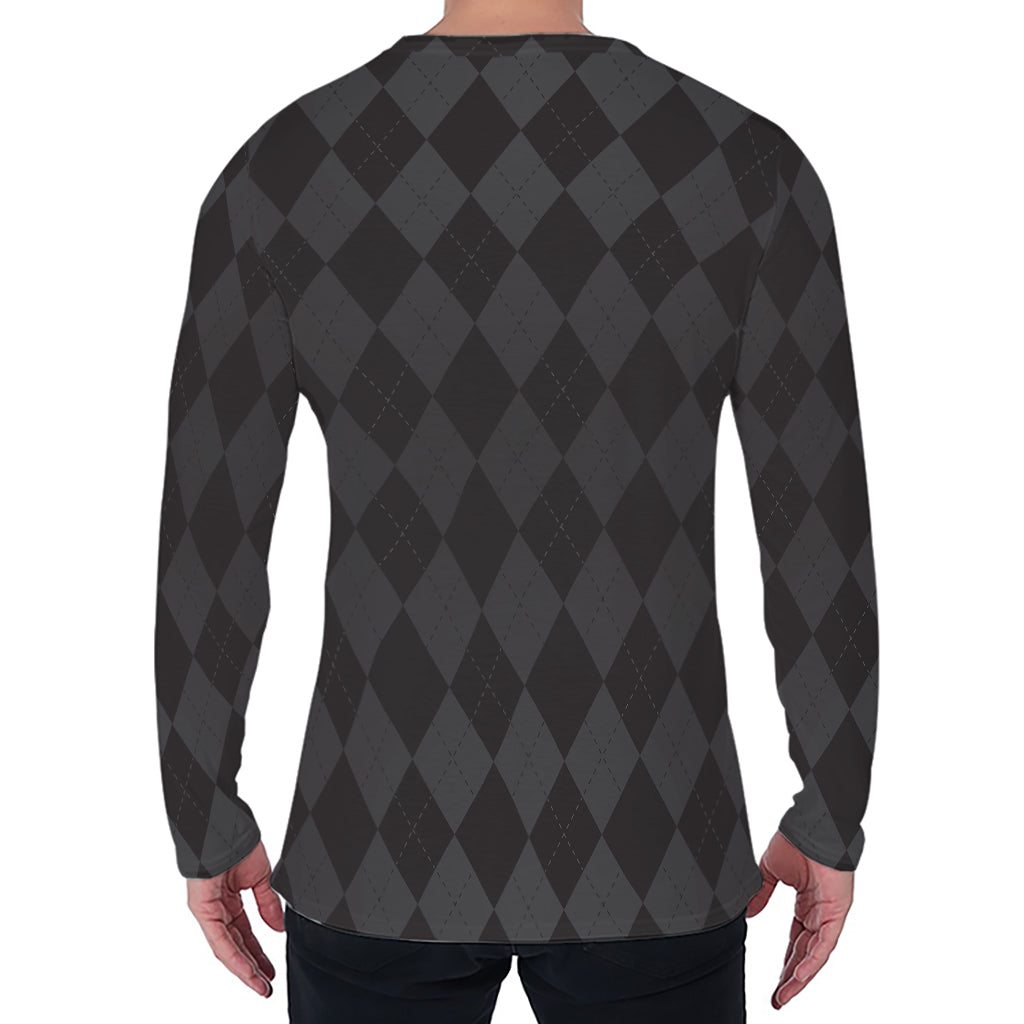 Black And Grey Argyle Pattern Print Men's Long Sleeve T-Shirt