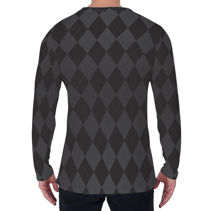 Black And Grey Argyle Pattern Print Men's Long Sleeve T-Shirt