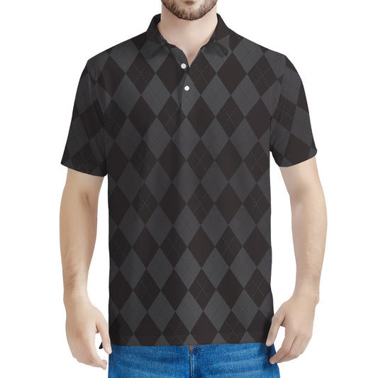 Black And Grey Argyle Pattern Print Men's Polo Shirt