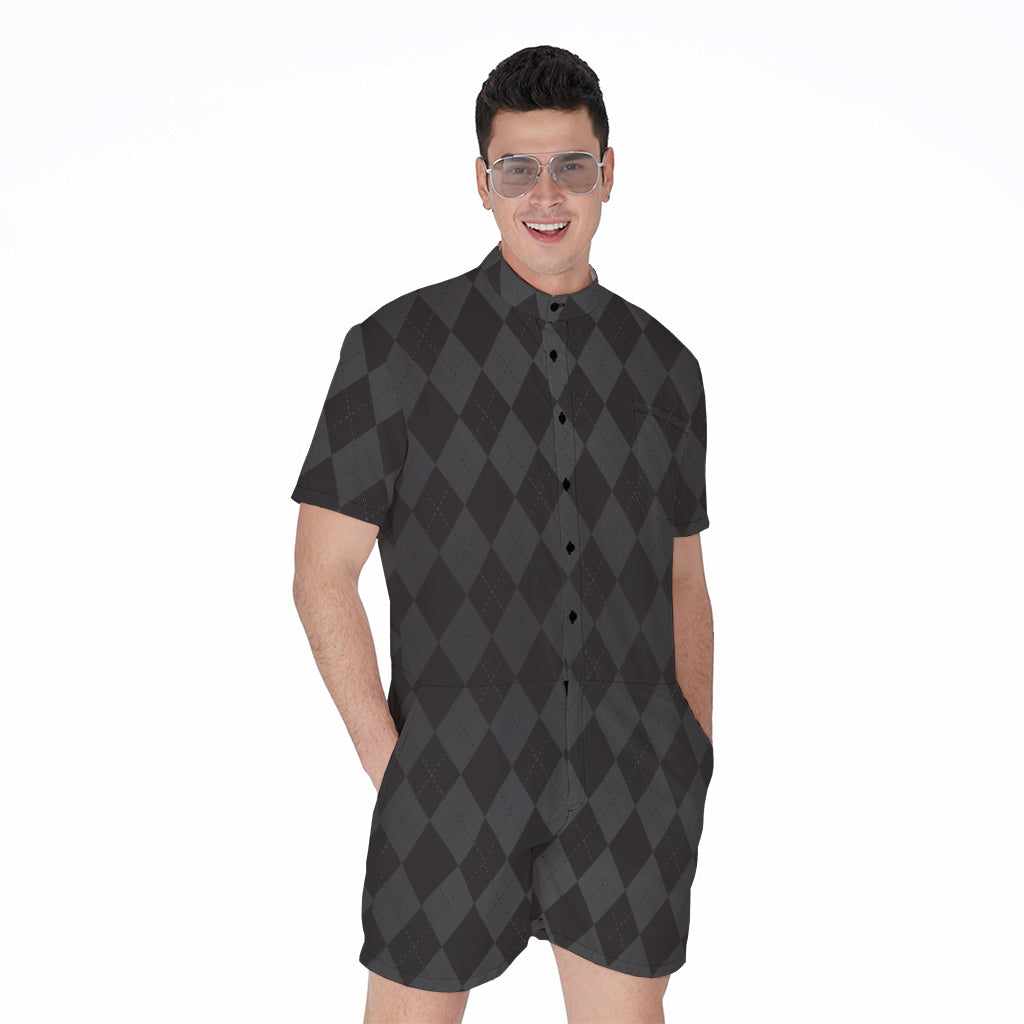 Black And Grey Argyle Pattern Print Men's Rompers