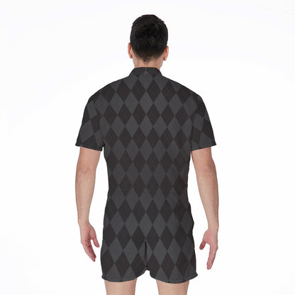 Black And Grey Argyle Pattern Print Men's Rompers