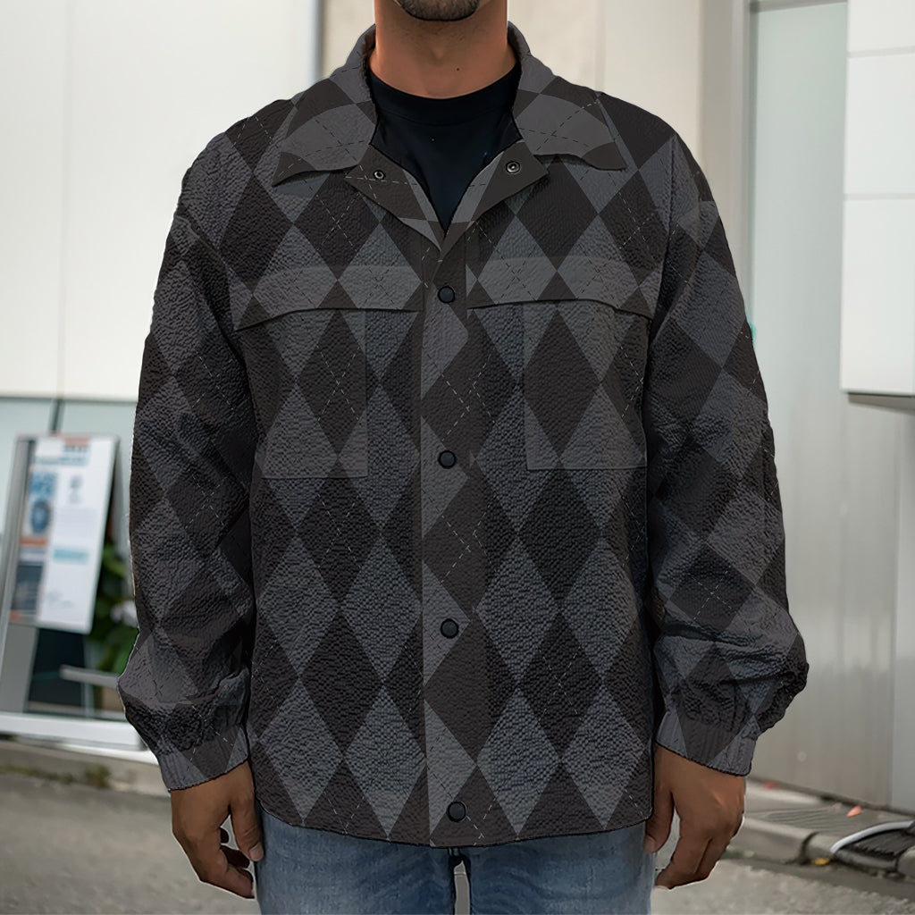 Black And Grey Argyle Pattern Print Men's Shirt Jacket