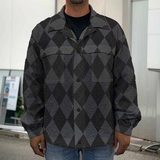 Black And Grey Argyle Pattern Print Men's Shirt Jacket