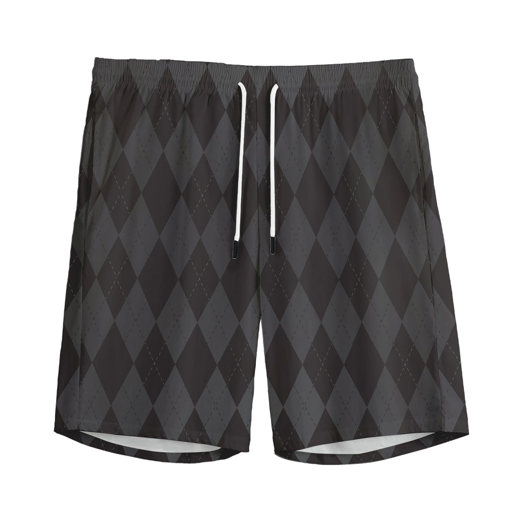 Black And Grey Argyle Pattern Print Men's Sports Shorts