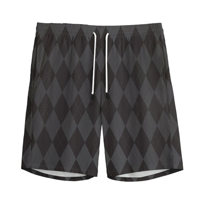 Black And Grey Argyle Pattern Print Men's Sports Shorts