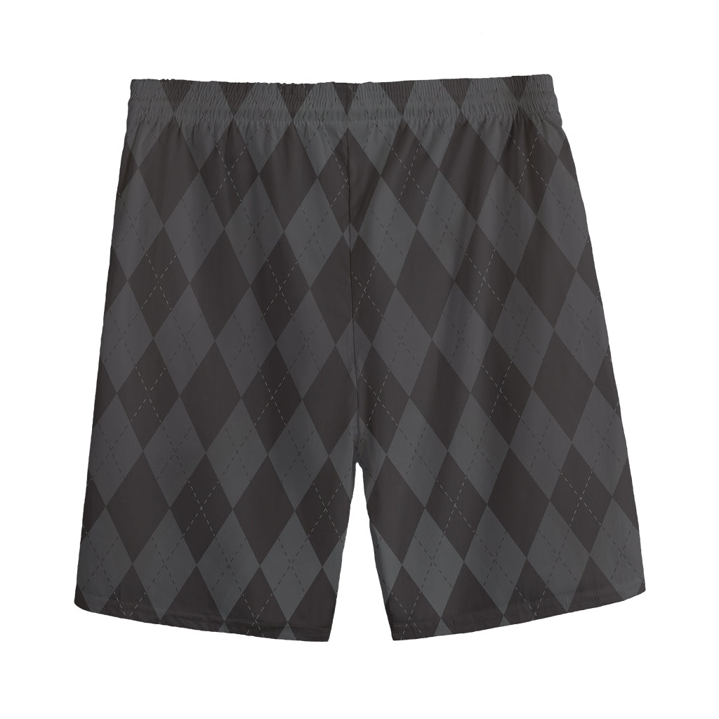 Black And Grey Argyle Pattern Print Men's Sports Shorts