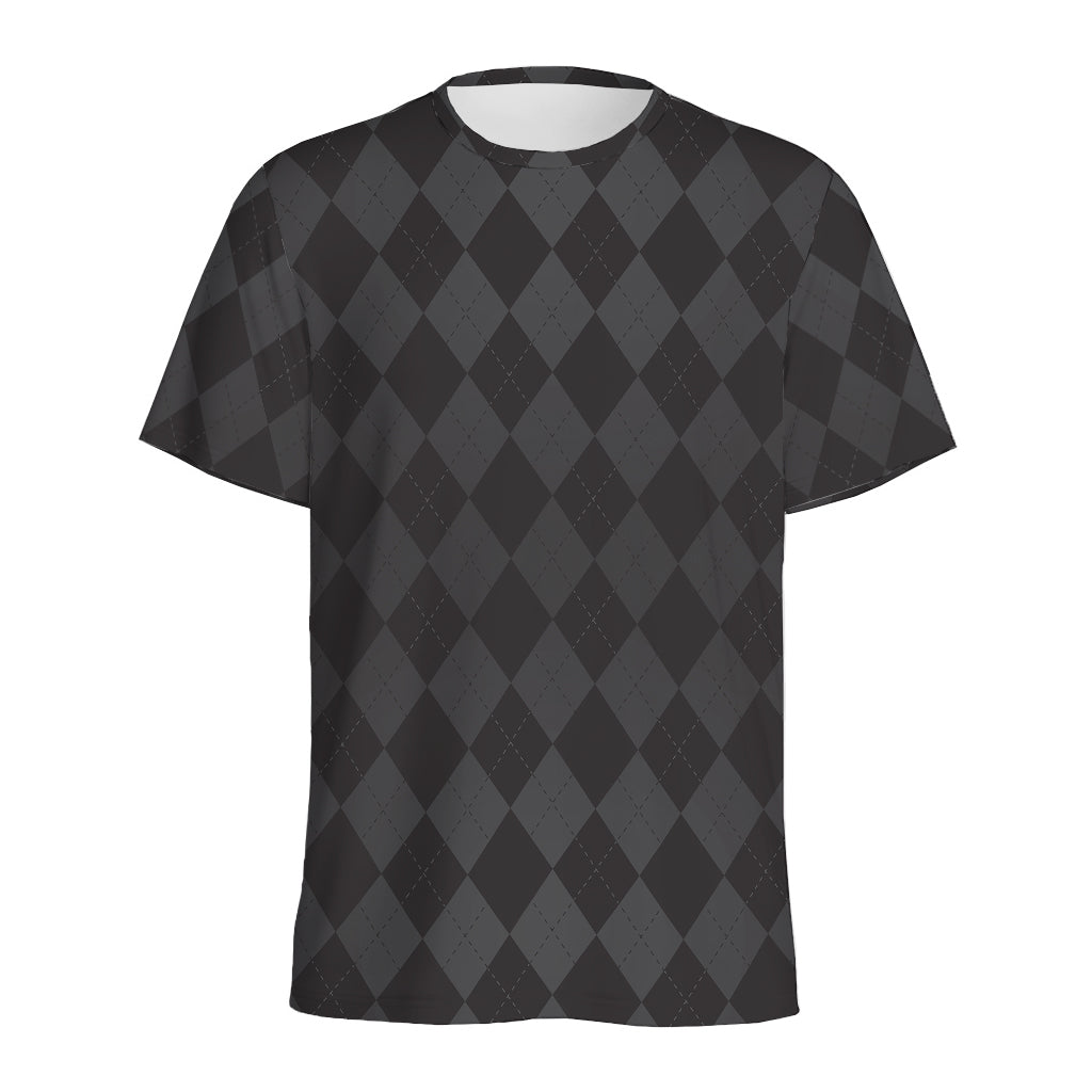 Black And Grey Argyle Pattern Print Men's Sports T-Shirt