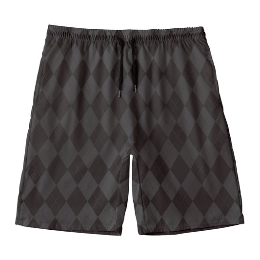 Black And Grey Argyle Pattern Print Men's Swim Trunks