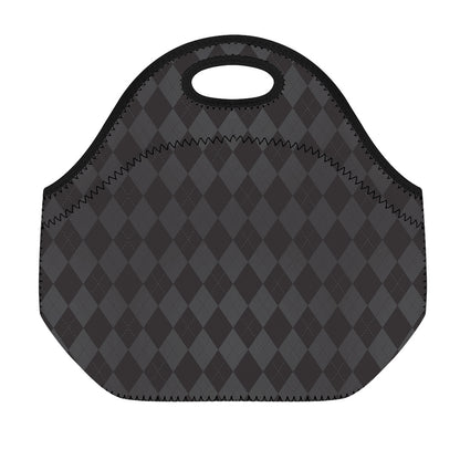 Black And Grey Argyle Pattern Print Neoprene Lunch Bag