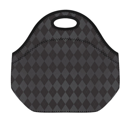 Black And Grey Argyle Pattern Print Neoprene Lunch Bag