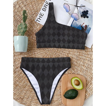 Black And Grey Argyle Pattern Print One Shoulder Bikini Top