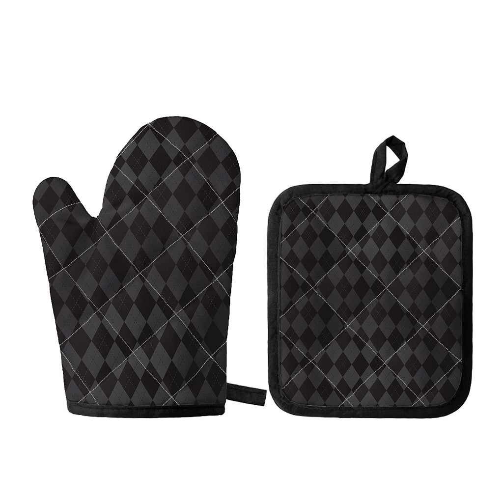 Black And Grey Argyle Pattern Print Oven Mitt And Pot Holder Set