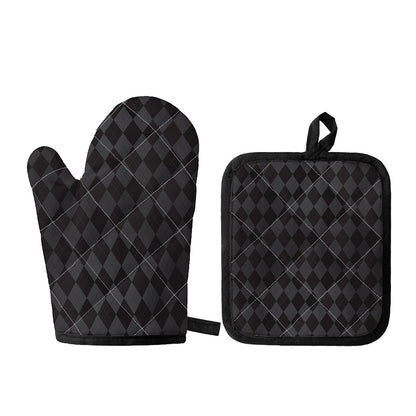 Black And Grey Argyle Pattern Print Oven Mitt And Pot Holder Set