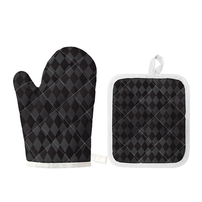 Black And Grey Argyle Pattern Print Oven Mitt And Pot Holder Set
